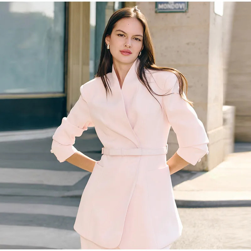 Elegant Women Pant YNeck Concealed Buckle Waistband Suits Female Solid Straight Pants Pad Shoulder Classic Womens Set 251225