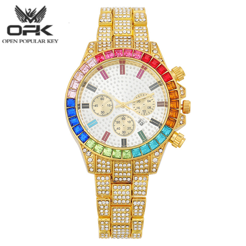 New popular three eyed fashion watch rainbow gradient rhinestone inlaid decoration calendar women's luxury watch trendy chic elegant luxurious wa