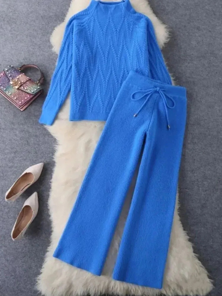 Fall Winter Knitted 2 Piece Sets Half Turtleneck Soft Sweater Outfit Casual Wide Leg Pant Suits Korean Solid Warm Tracksuit 251225