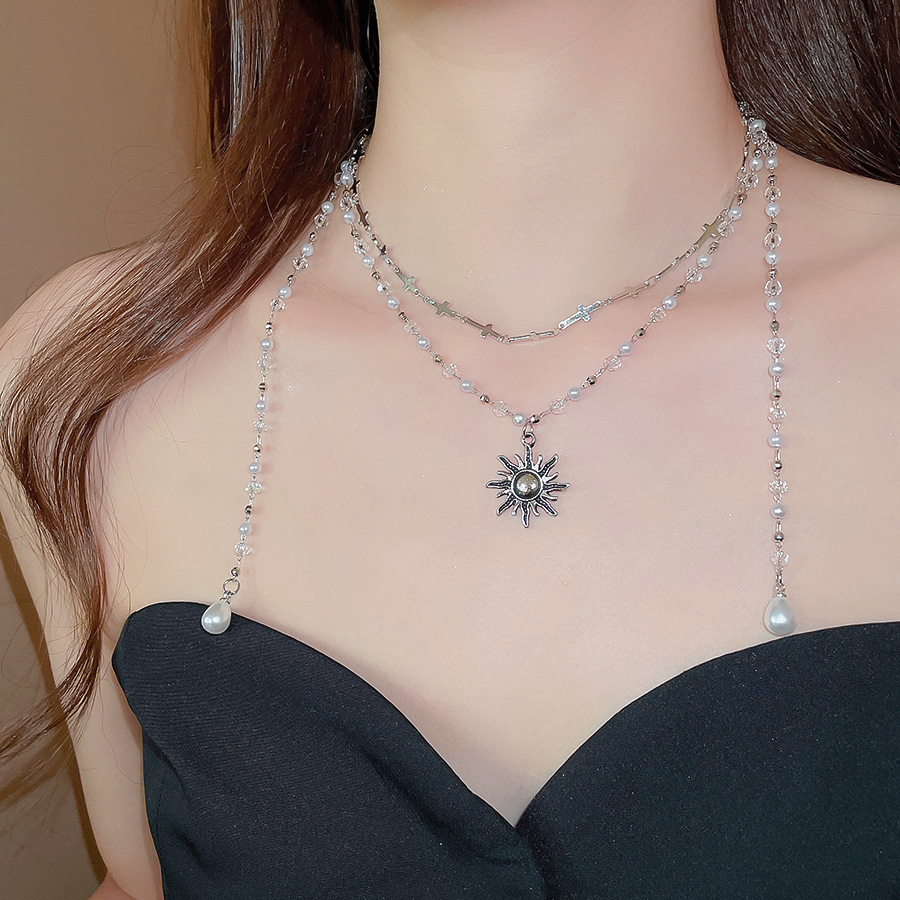 Pearl Crystal Cross Beaded Sun Double Layer Necklace Vintage Distressed Collarbone Chain Light Luxury High-end Sense Jewelry for Women - view 3