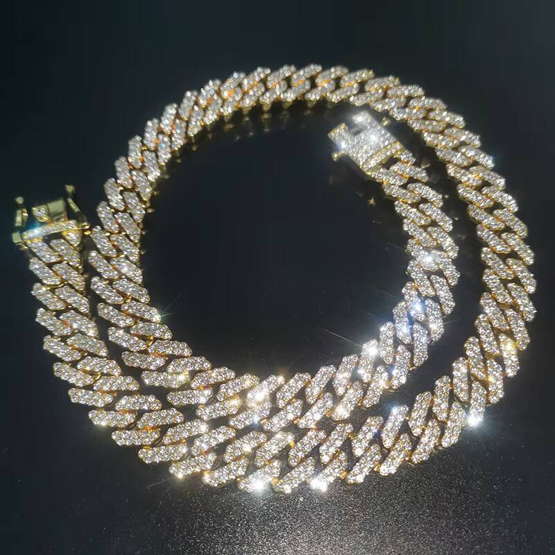 GZYS JEWELRY Wholesale Hip Hop Jewelry Gold Diamond 12mm Iced Out Moissanite Cuban Link Prong Chain Necklace Men Women