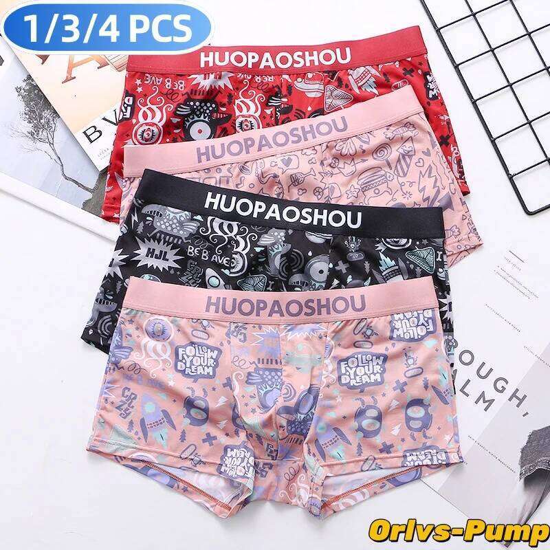 1/3/4PCS Sexy Men Boxers Underwear Satin Silky Underpants Funny Printed Short Low Rise Soft Casual Skin Friendly Panties X251225