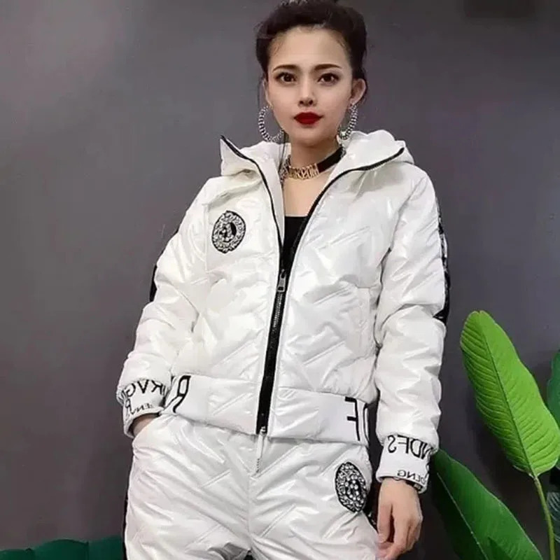 Winter Korean Glossy Parka Women Suit Oversized 4Xl 5Xl Two Piece Set Casual Hooded Cotton Padded Short Coat Thicken Pant Sets 251225