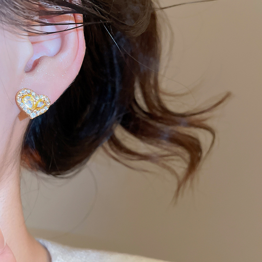 Real Gold Plated Silver Needle Zircon Heart Delicate Sweet Elegant Versatile Light Luxury High-end Feel Earrings for Women - view 3