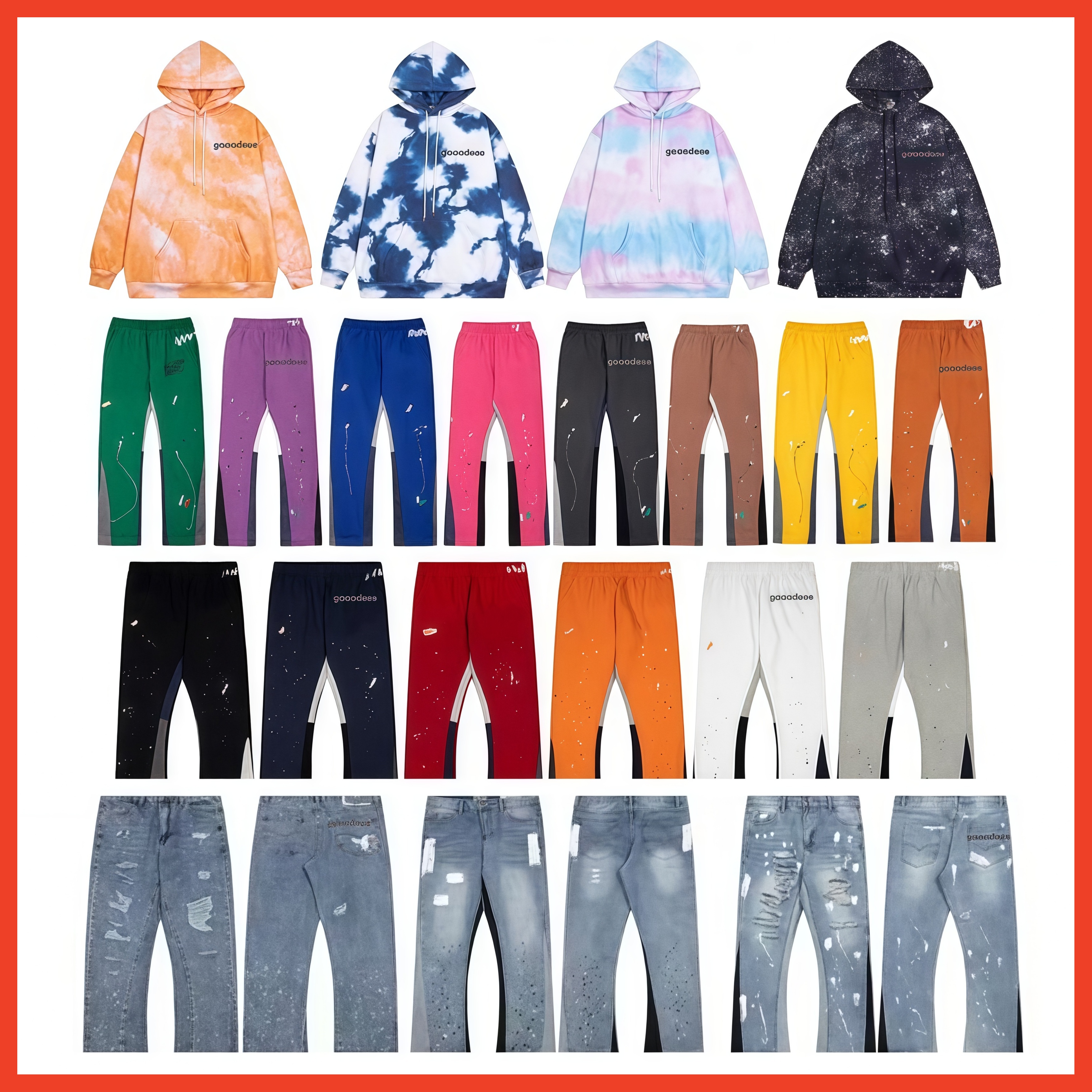 galdesigner jeans Pants Hoodie tracksuit Trousers Sweatpants Tie-dye and ink splashing Men's and women's color combinations black red and grey Hip Hop us size