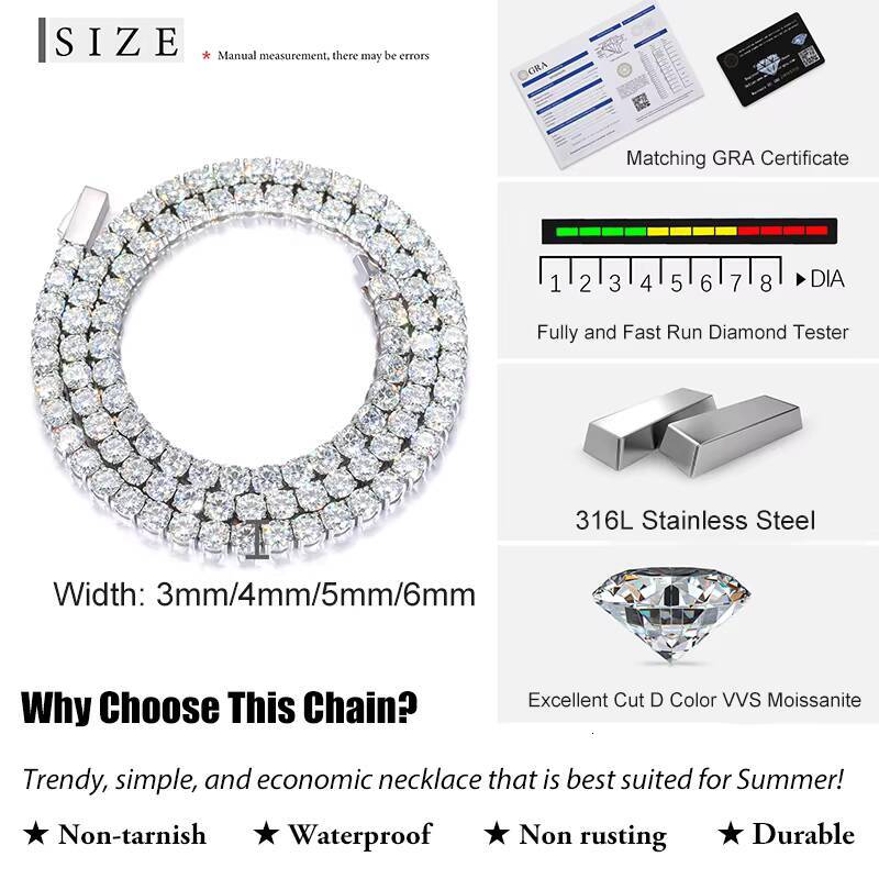Low Price Waterproof Non Rusting Non Fading Antiallergic Durable Classic VVS Moissanite Tennis Chain Swimming Summer Jewelry