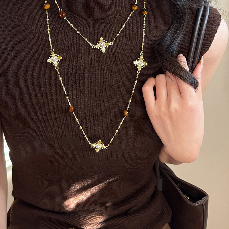 Diamond Tiger Eye Stone Cross Pearl Necklace Vintage Niche Design Sweater Light Luxury High-end Neck Chain for Women - view 5