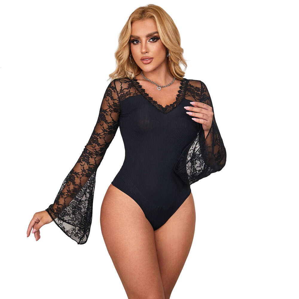 Bodystockings clothing Spring Autumn New Black Fashion Bell Sleeve V-Neck Jumpsuit for Women, No Need to Take Off Outerwear