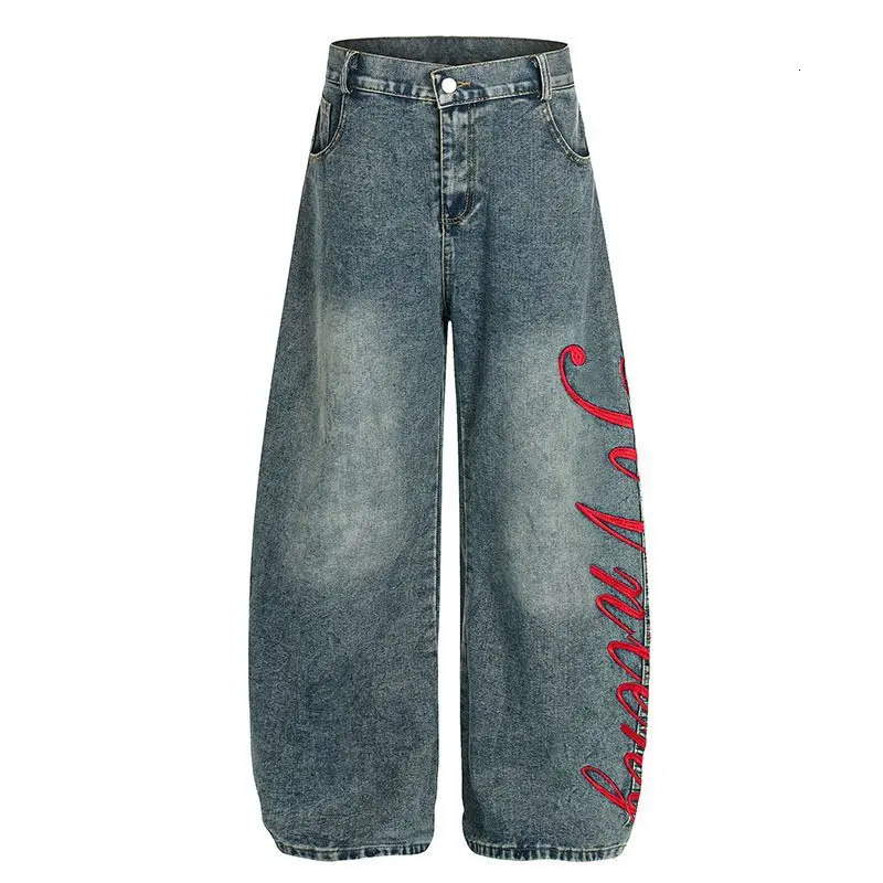 Y2K Vintage American Letter Embroidered Scimitar Baggy Jeans Women Autumn Contrast Color Harajuku Hip Hop Wideleg 251225
