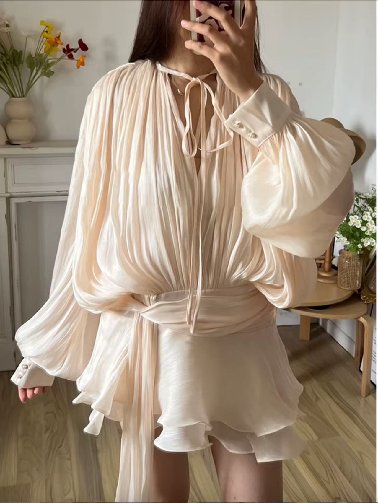 Casual Dresses Chic Ruffle Hem Mini Dress O Neck Lace Up Loose Blouse Lantern Sleeve Solid Chiffon Vestidos 2025 Lady Spring Gown