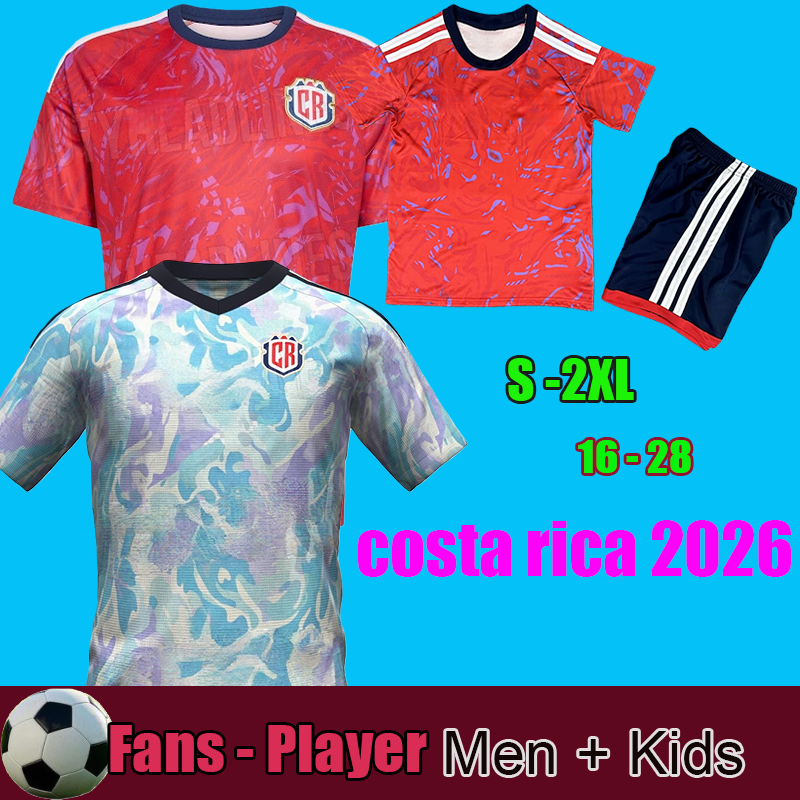 2025 Costa Rica national team men's jersey set, including players such as Contreras, Campbell, Bennett, Venegas and Aguilera, and the 2026 World Cup home and away jerseys.