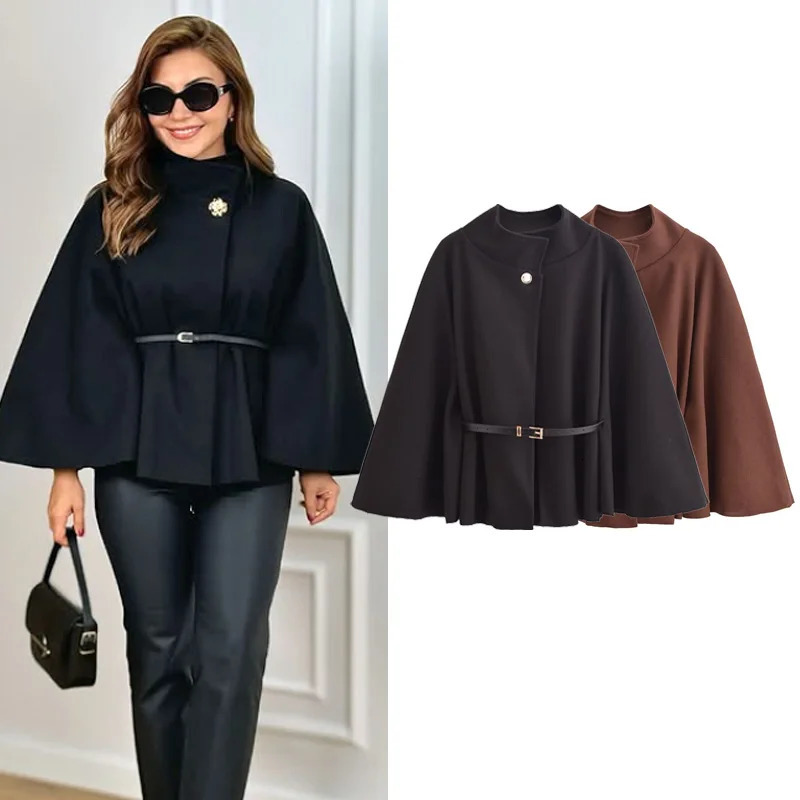 HXAO Elegant Cape Coat Womens Winter Spring Oversized Long Sleeve Cloak Fashion Casual Brown Red Black Jackets Outerwears 251225