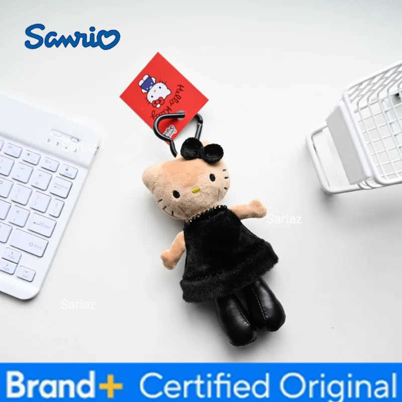 Sanrio Cartoon Kawaii Hello Kitty Lady Style Black Leather Long Legs Kitty Adorable Plush Toy Heart Shaped Keychain Holiday Gift H251225