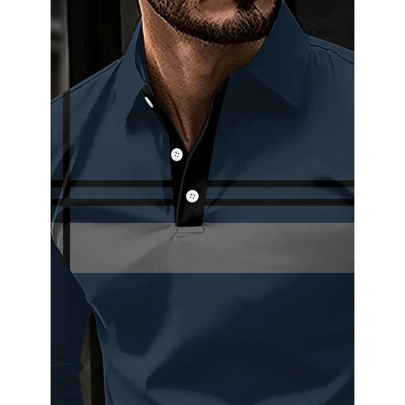 Simple striped pattern polo shirt casual and fashionable mens 3d printed long-sleeved polo T-shirt loose spring and autumn st 251225