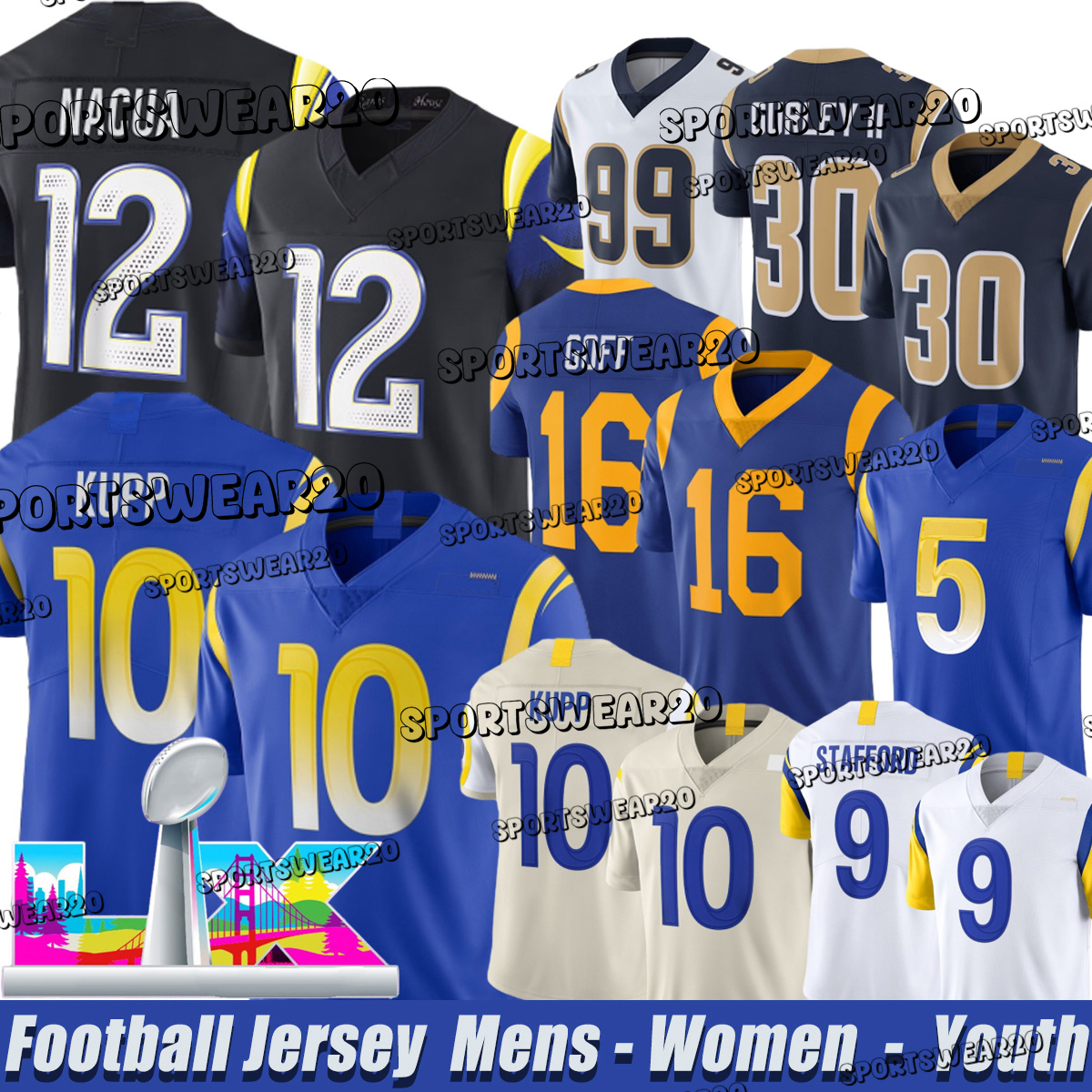 Los Angelescity Ram jersey #9 Stafford Matthew Stafford #12 Nacua Puka Nacua #99 Donald Aaron Donald Jared Verse Davante Adams Kyren Williams Football Jerseys