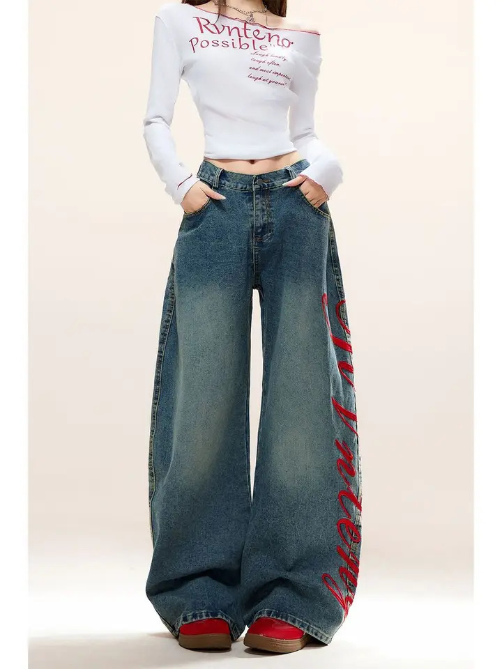 Y2K Vintage American Letter Embroidered Scimitar Baggy Jeans Women Autumn Contrast Color Harajuku Hip Hop Wideleg 251225