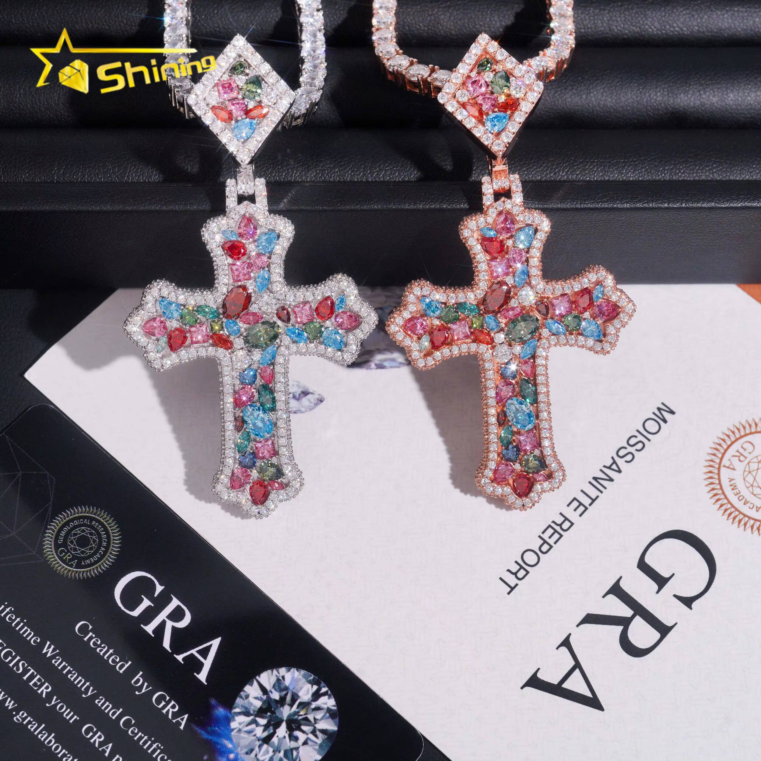 GRA Certificated 925 Sterling Silver Fancy Cut Colored Moissanite Cross Pendant Custom Moissanite Pendant Men Hip Hop Jewelry - view 5