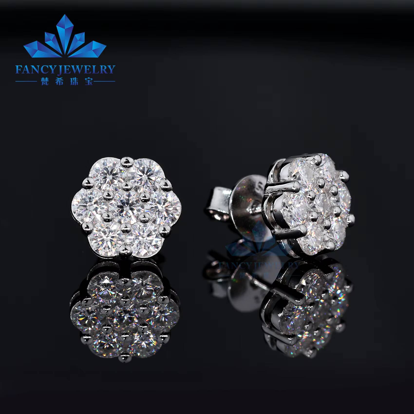 Wholesale Iced Out Hiphop Diamond Earring Silver 925 Vvs Moissanite Stud Earrings Iced Out Cluster Flower Stud Earrings