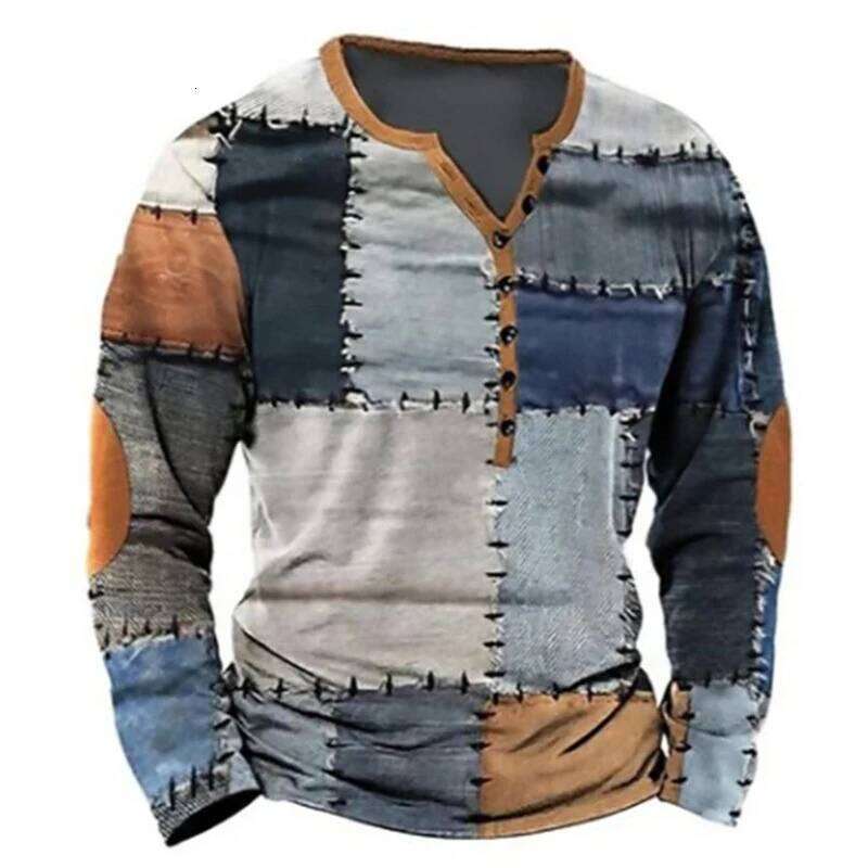 Men's Long Sleeve Casual T-Shirt With Fashionable Outdoor Comfort Color Block Digital Print Design For Spring And Autumn
