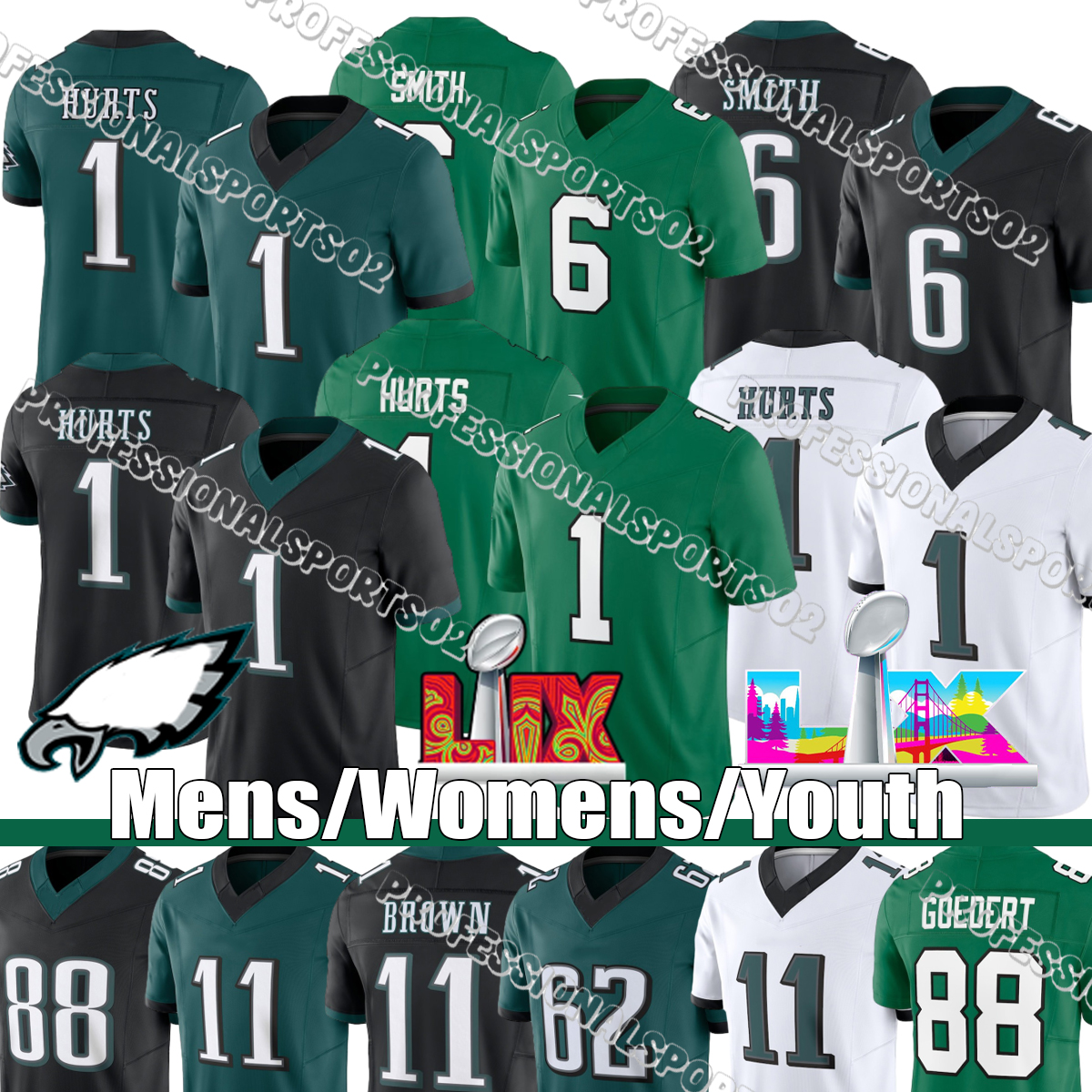 Philadelphiacity Eagleses jerseys Jalen Hurts Saquon Barkley DeVonta Smith A.J. Brown Jason Kelce #1 Hurts #26 Barkley #6 Smith #11 Brown #62 Kelce #33 DeJean #20 Dawkins