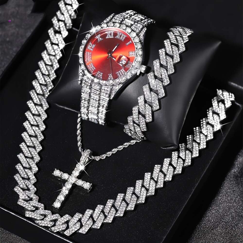 Luxury Steel Bracelet Quartz Watch Diamond-Set Hip-Hop Cuban Link Bracelet Set Watch
