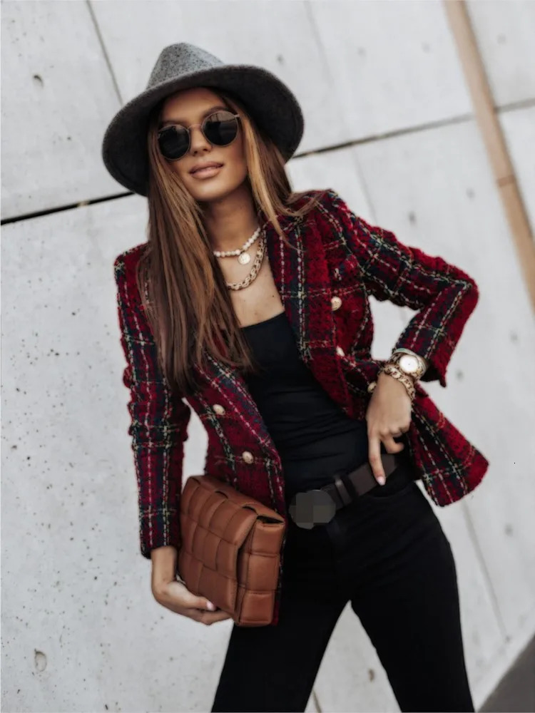 Women Double Breasted Plaid Blazer Coat Vintage Long Sleeve Flap Pockets Casual Buttons Autumn Female Outerwear 251225