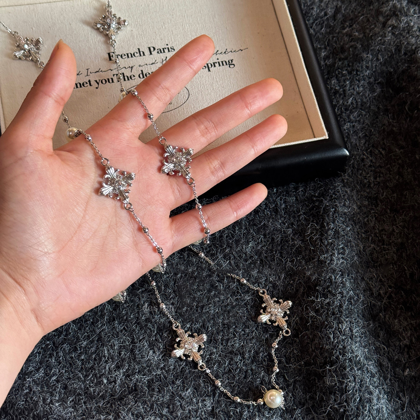 Diamond Tiger Eye Stone Cross Pearl Necklace Vintage Niche Design Sweater Light Luxury High-end Neck Chain for Women - view 6