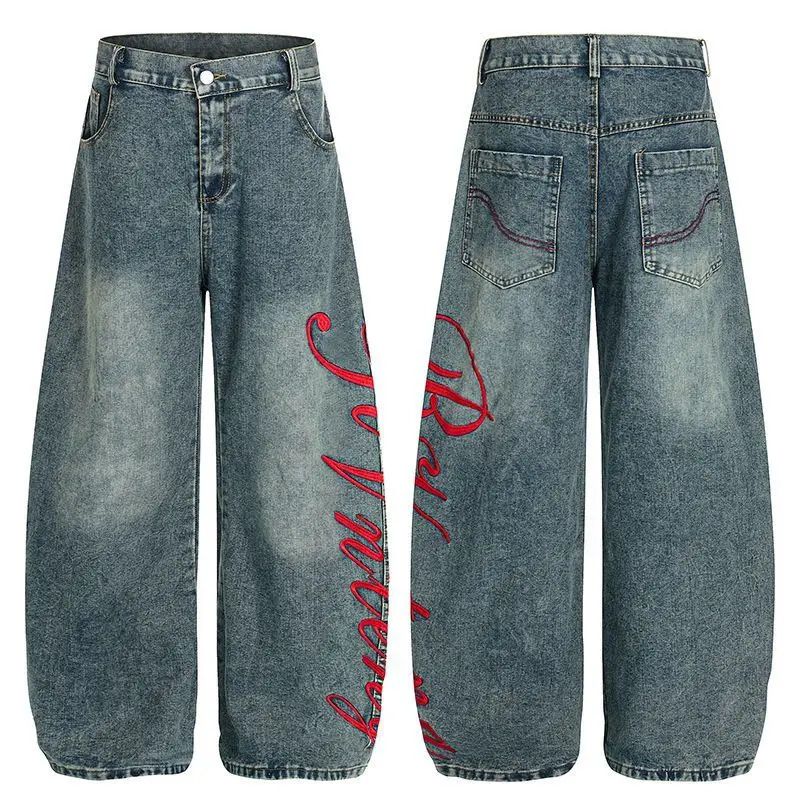Y2K Vintage American Letter Embroidered Scimitar Baggy Jeans Women Autumn Contrast Color Harajuku Hip Hop Wideleg 251225