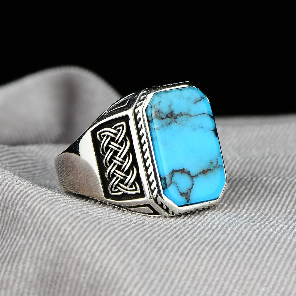Vintage Men Handmade Turkish Turquoise Ring Ancient Silver Color Cross Pattern Ring Trend Islamic Religious Museum Jewelry 251219