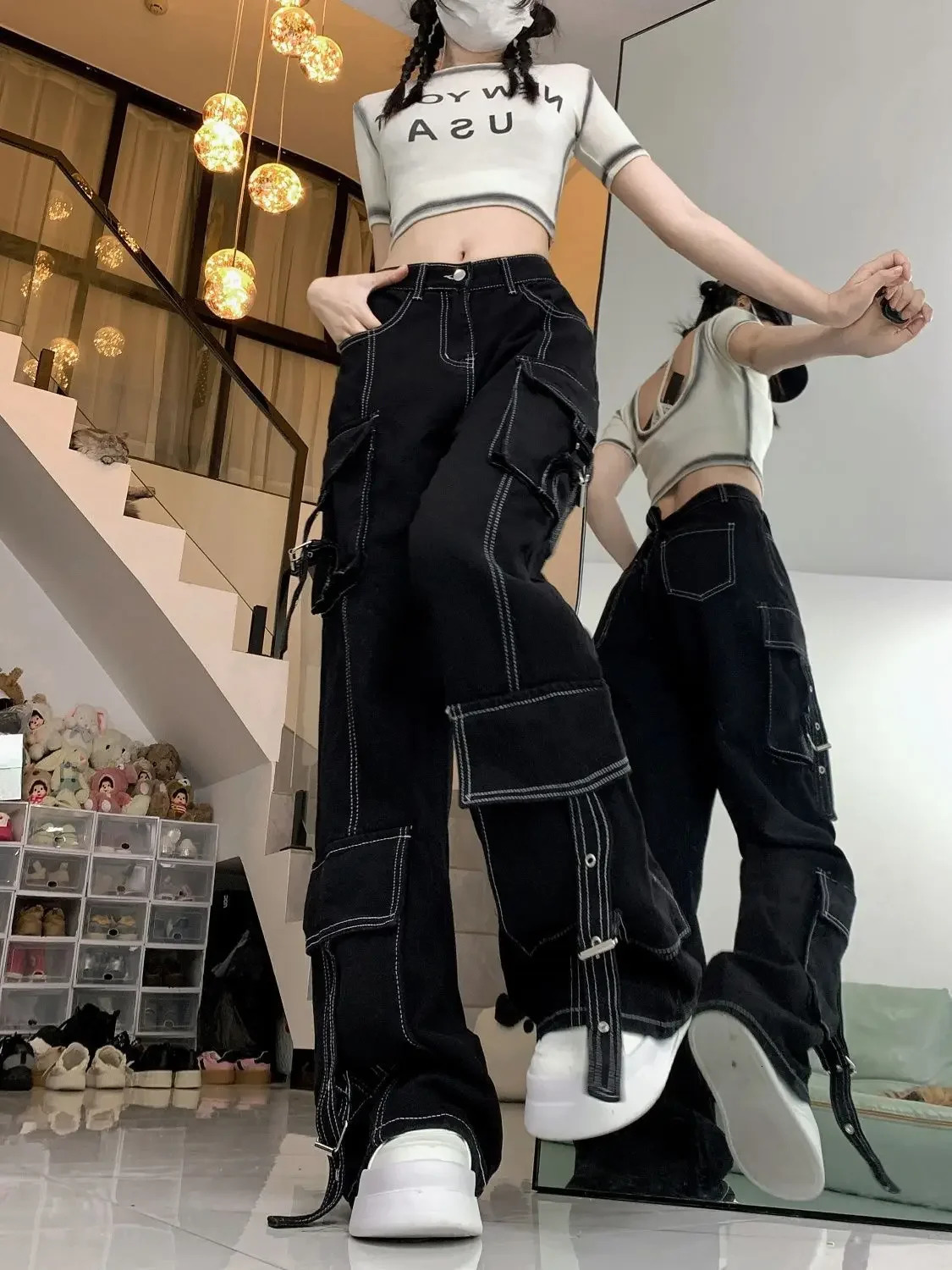 American Retro High Street Cargo Jeans Autumn Women Waist Y2K Streetwear Wide Leg Denim Pants Vintage Baggy Trousers 251225