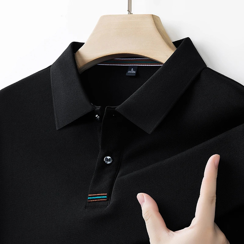 Mens Long-sleeved Polo Shirt Spring and Autumn Casual Breathable Comfortable Solid Color Collarless Dads Top for Outdoors 251225