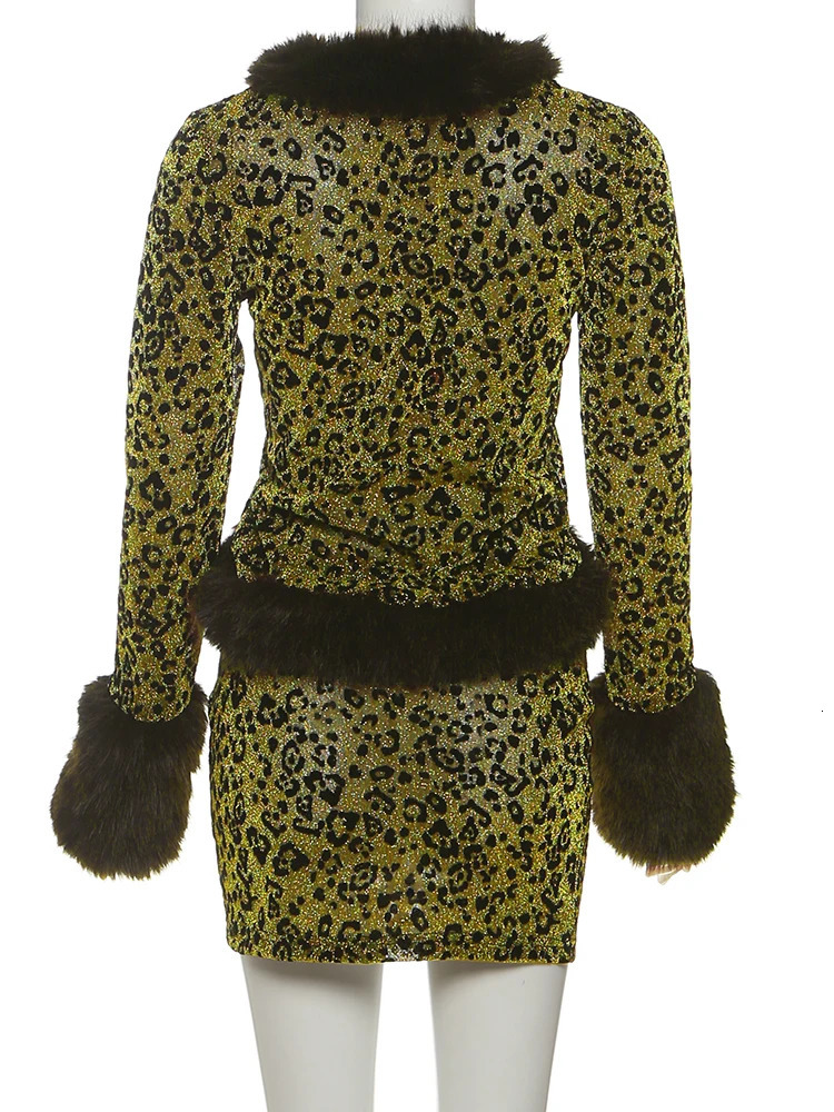 Kliou Leopard Print 2 Piece Set Woman Autumn Trend Furry Patchwork Full Sleeve TopsSkinny Mini Skirts Street Wild Style Outfits 251212