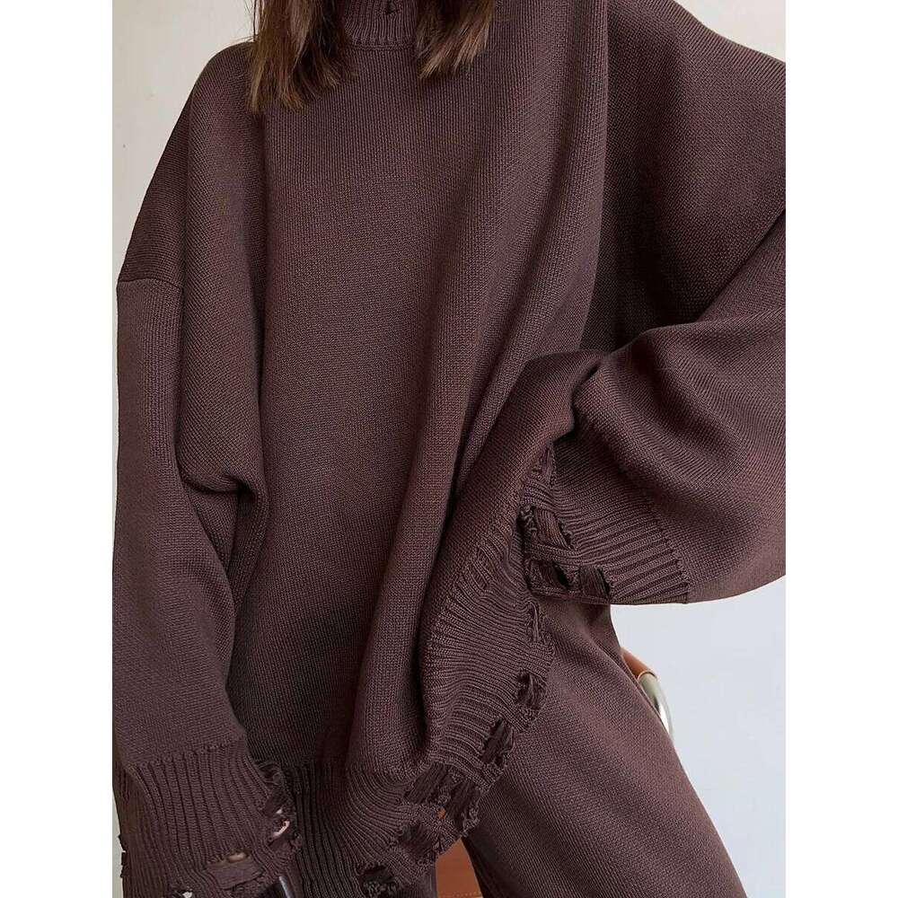 Two Piece Ripped Set Women Knit Tracksuits O Neck Long Sleeve Casual Baggy Sweatshirts Joggers Pants Outfits Fall Winter