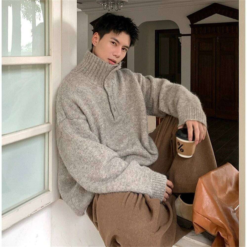 New Men High Collar Knitted Button Up Autumn Winter Warm Outerwear Loose Lazy Style Fashion Turtleneck Knit Sweater