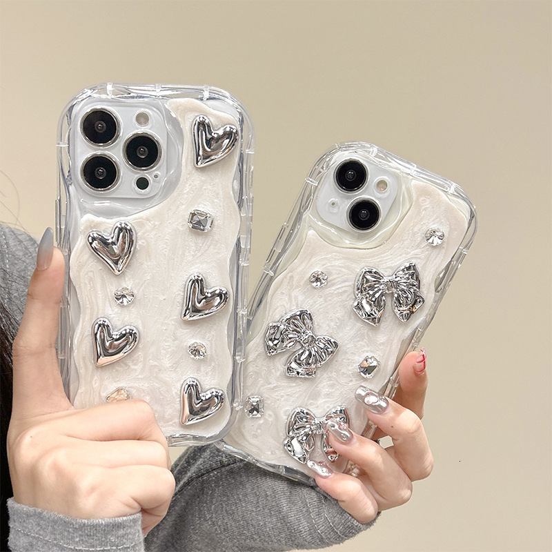 Electroplated silver Bowknot Heart Phone Case Compatible with Apple 17 Pro Max Full Coverage iPhone 16 Rhinestone Ins