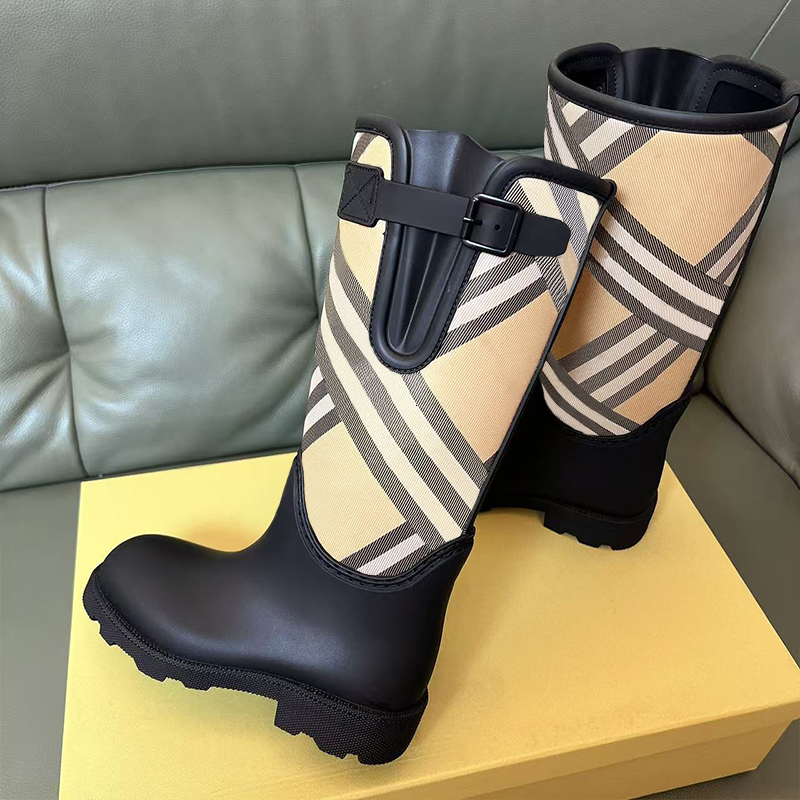 Designer Rainboots Classic Check Marsh Boots Rubber Rain Boots Black Plaid High Boots Wellington Boot Ankle Booties Knight Boots Shoes 1004