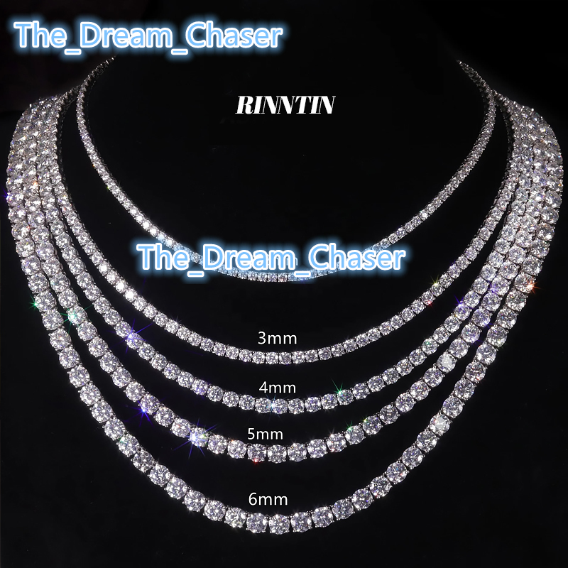 RINNTIN SMN Pass Diamond Tetser 2mm 3mm 4mm 5mm 925 Silver Moissanite Necklace Diamond Tennis Chain Fine Jewelry for Men Women