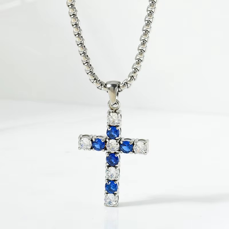 Jewellery Stainless Steel Texture White 5A Zircon Square Cross Pendant Necklace Hip-Hop Style for Daily Wear Gift for All Occasions Textured Urban Acc