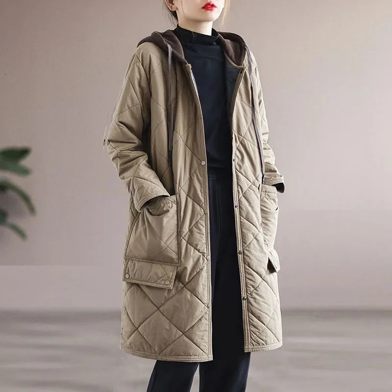 Autumn Winter Lingge Cotton Jacket Women Hooded Loose Thick Warm Parkas Female Long Sleeve Casual Padded Outwear Lady 251225
