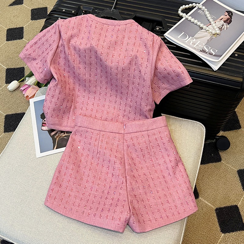 Women's Two Piece Pants BAFU Summer Pink Tweed 2 Set Women Short Sleeve Jacket Wide Legs Shorts Suit Runway Celebrity Coat Clothes