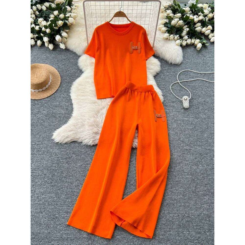 Designer Clothes Leisure Knitted Summer Fashion Letter Embroidered Sweater And Wide Leg Pants Two Piece Set Hot Selling