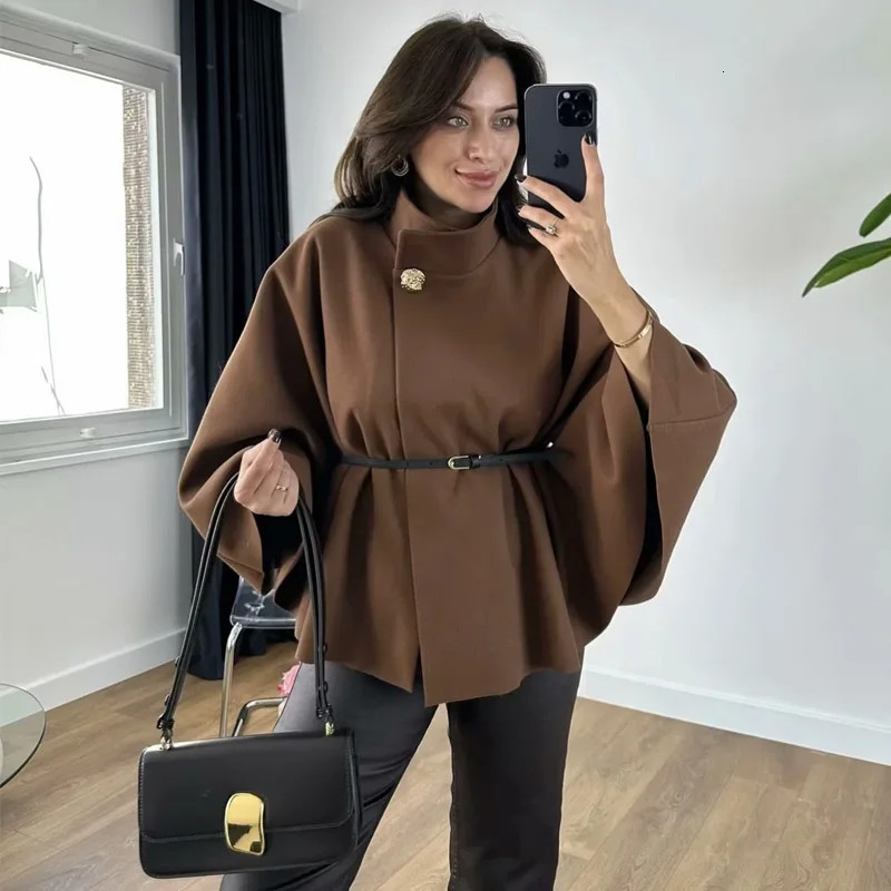 HXAO Elegant Cape Coat Womens Winter Spring Oversized Long Sleeve Cloak Fashion Casual Brown Red Black Jackets Outerwears 251225