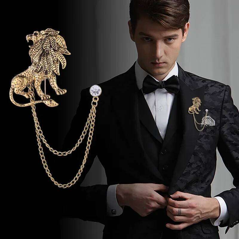 Korean Fashion Crystal Lion Brooch Animal Tassel Chain Lapel Pins British Style Men's Shirt Collar Badge Clothing Accessories 25N1225