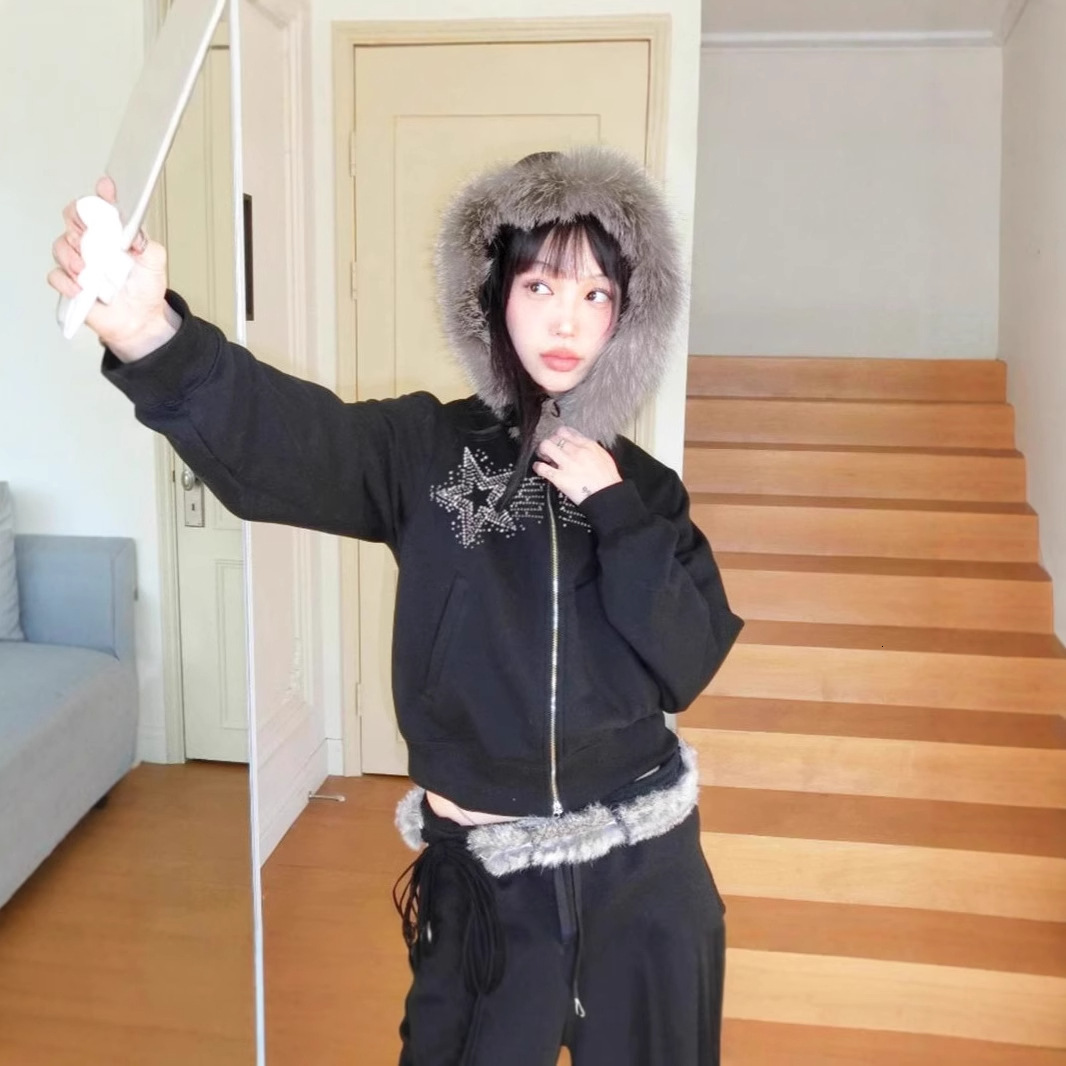 Autumn Winter Harajuku American High Street Fur Collar Zipper Hoodie Men Y2k Goth Punk Hiphop Rock Oversized Sweatshirt Women 251028