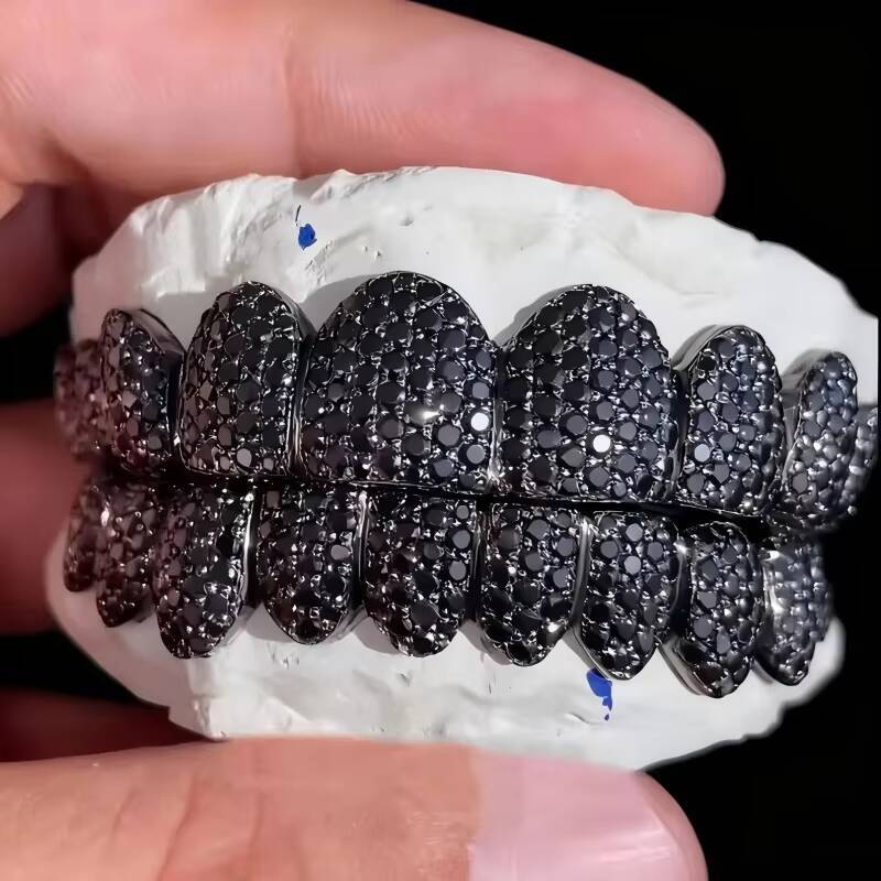 Custom Teeth Grillz Iced Out Black VVS Moissanite Diamond with Blue SapphireHoneycomb Pave Setting S925 Silver Hip Jewelry