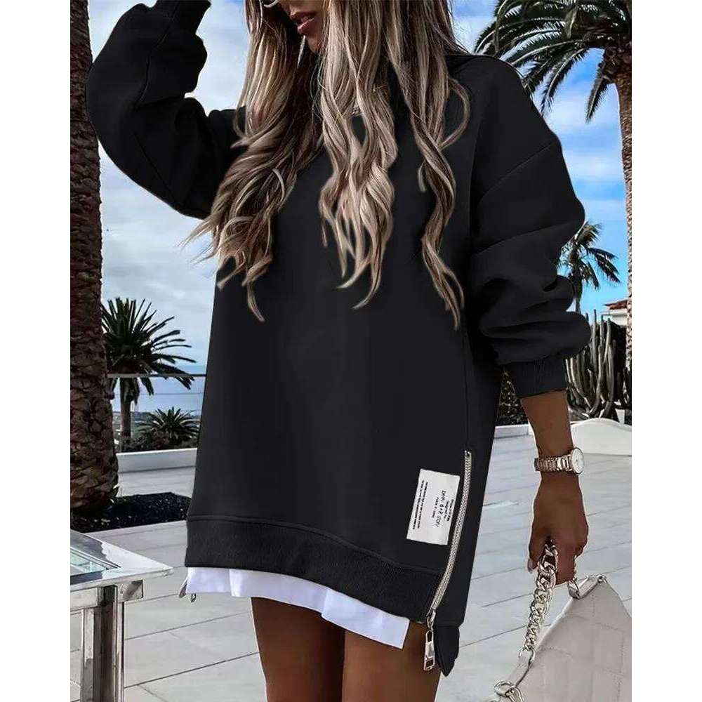 Autumn Sweatshirt Dress For Women New Sleeve Loose Zipper O Neck Long Causal Pullover Tops