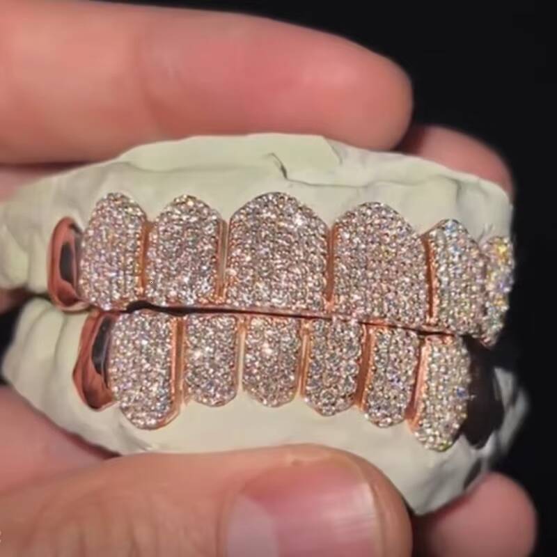Grillz Custom Made Iced Out 925 Silver Grills VVS Moissanite Diamonds Perm Cut 8 Top 8 Bottom Gold Dental Teeth Grillz