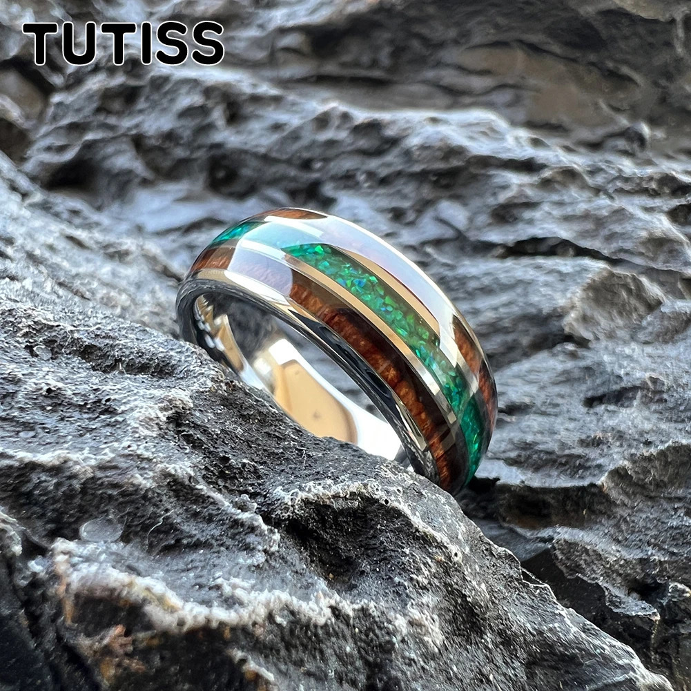 TUTISS 8mm Black Tungsten Ring for Men Women Engagement Wedding Band Fashion Jewelry Green Opal Koa Wood Inlay Comfortable Fit 251224