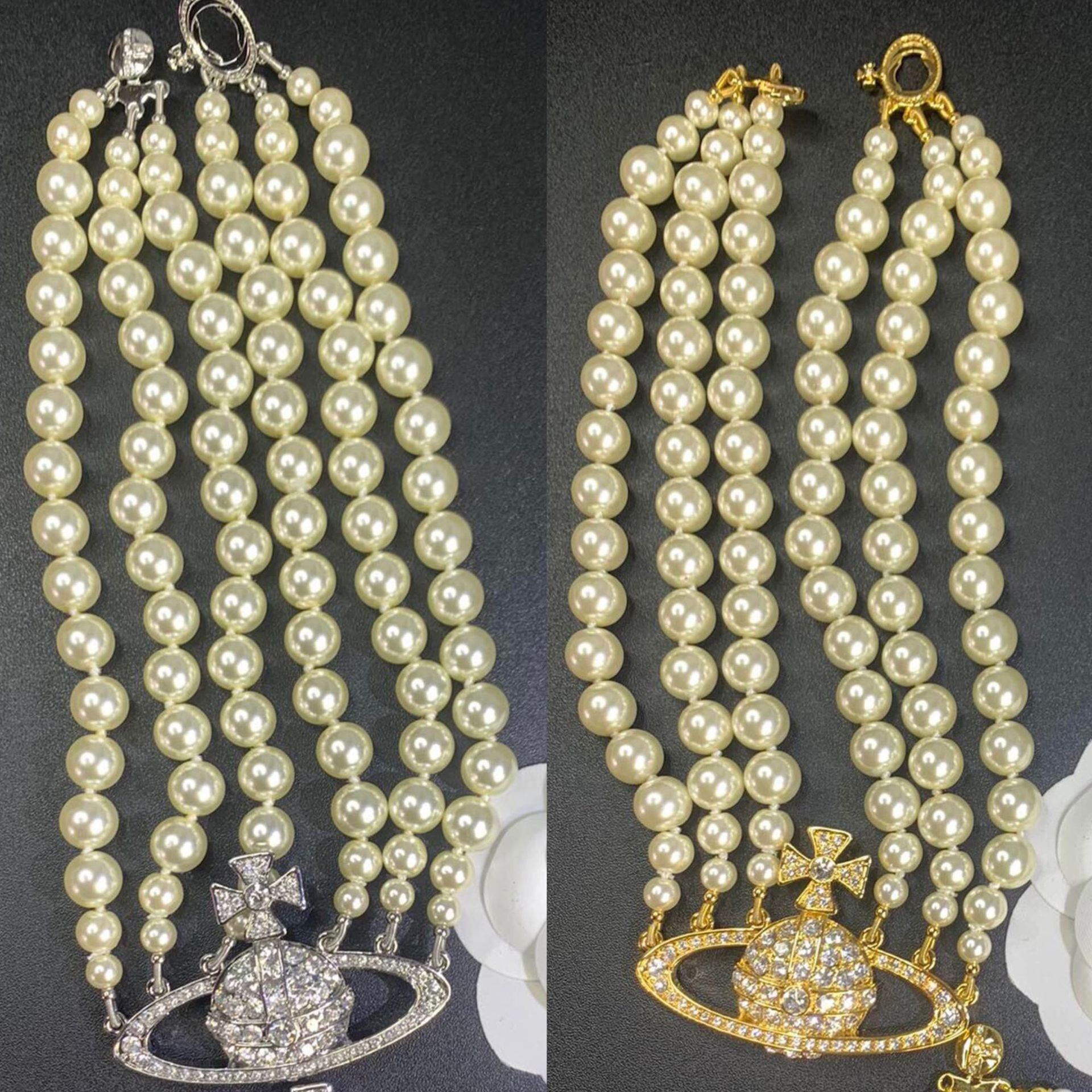 Designer Viviane Jewelry Weswood Empress Dowager Three-layer Pearl Necklace Full Diamond Saturn Pendant Elegant Pearl Choker High Version Collarbone Chain