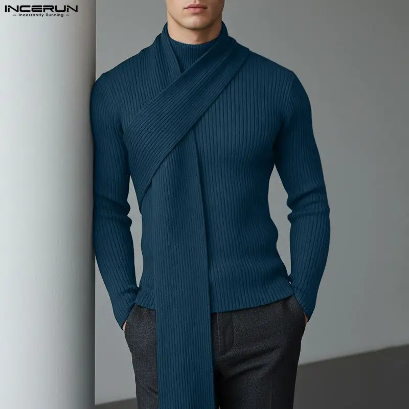 INCERUN Men Sweaters Solid Turtleneck Long Sleeve Knitted Male Pullovers With Scarf Streetwear Spring 2026 Fashion Clothing 251225
